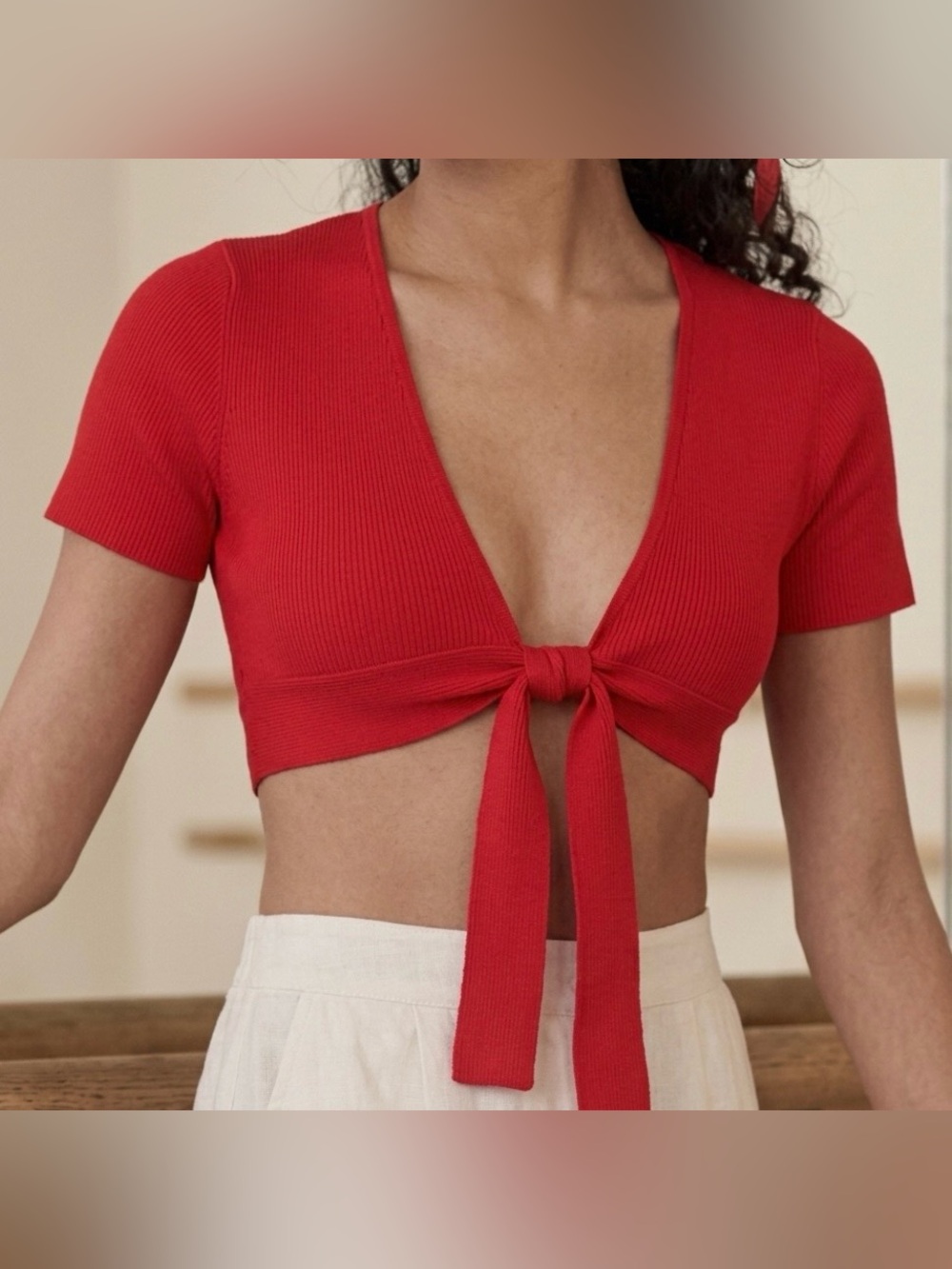 Wilfred Aritzia Cherry Red Ribbed Tie-Front Crop Top Balletcore Coquette XS